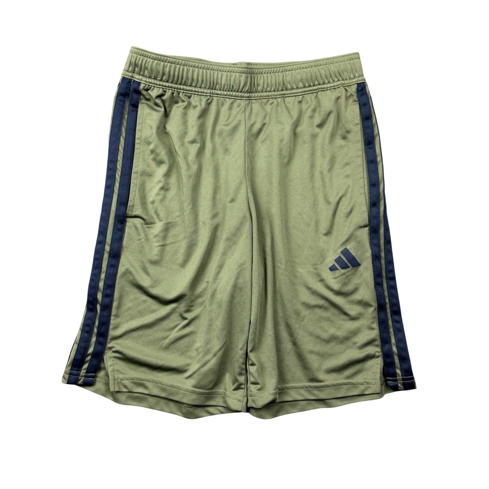 Adidas Mens Small Olive Green Navy Blue Stripe Athletic Shorts 9" Inseam Gym